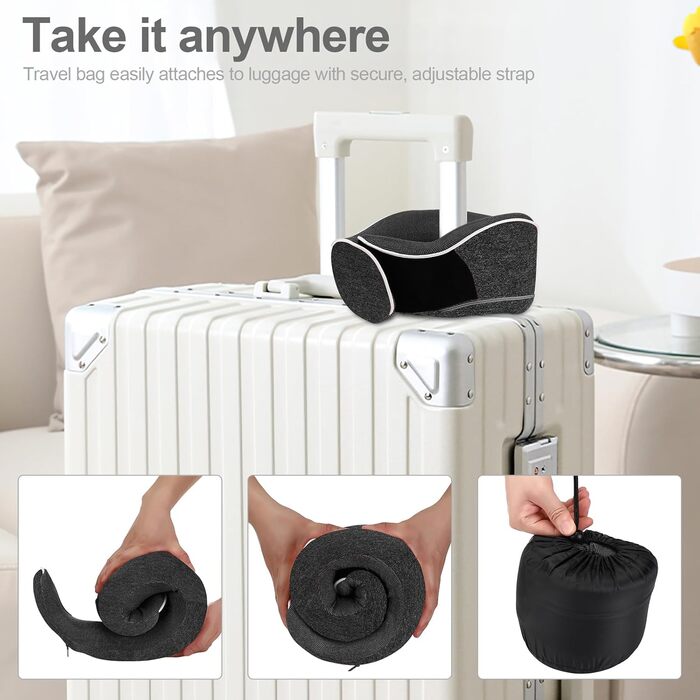 Ергономічна подушка для подорожей Collazoey з ефектом пам'яті (Memory Foam) для шиї, набір з маскою для сну, берушами та сумкою для зберігання, темно-сіра