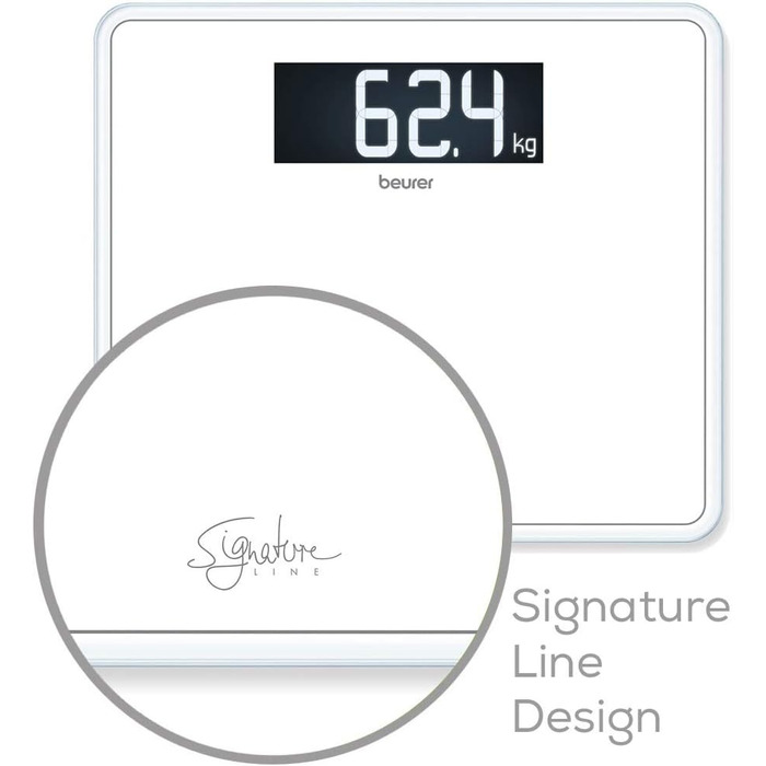 Ваги для людей Beurer GS 410 Signature Line, білі, скляні, з великою платформою 35x30 см, максимальна вага 200 кг, чорний XXL-дисплей, супербіле безпечне скло