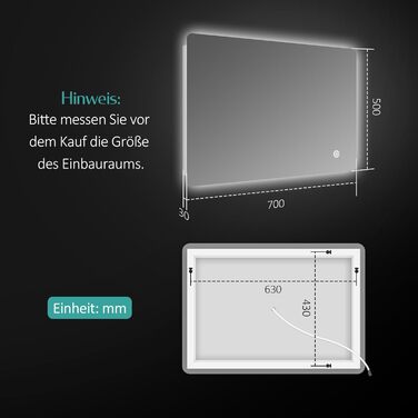 Дзеркало для ванної кімнати EMKE з підсвічуванням 50x70 см, регульована яскравість, LED, сенсорне керування, функція пам'яті, холодний колір, IP44, енергозберігаюче