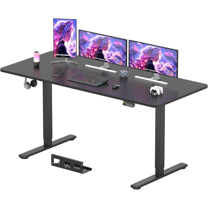 Електричний письмовий стіл SANODESK 180x80 см, регульований по висоті, геймерський стіл з пам’яттю позицій і гачками, чорний
