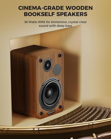 Активні полочні колонки 36W RMS, бездротові Bluetooth 5.4 динаміки для ПК з 5-дюймовим вуфером, USB-цифровим аудіо, регулюванням басів та високих частот, студійні монітори з RCA для вінілового програвача та ТВ, дерево