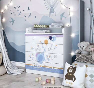 Дитяча пеленальна комода Shefa Kids Elefant з повітряною кулькою – 4 шухляди, з відкидним столиком, для дитячої/немовлятньої кімнати, ергономічна пеленальна станція, білий слон