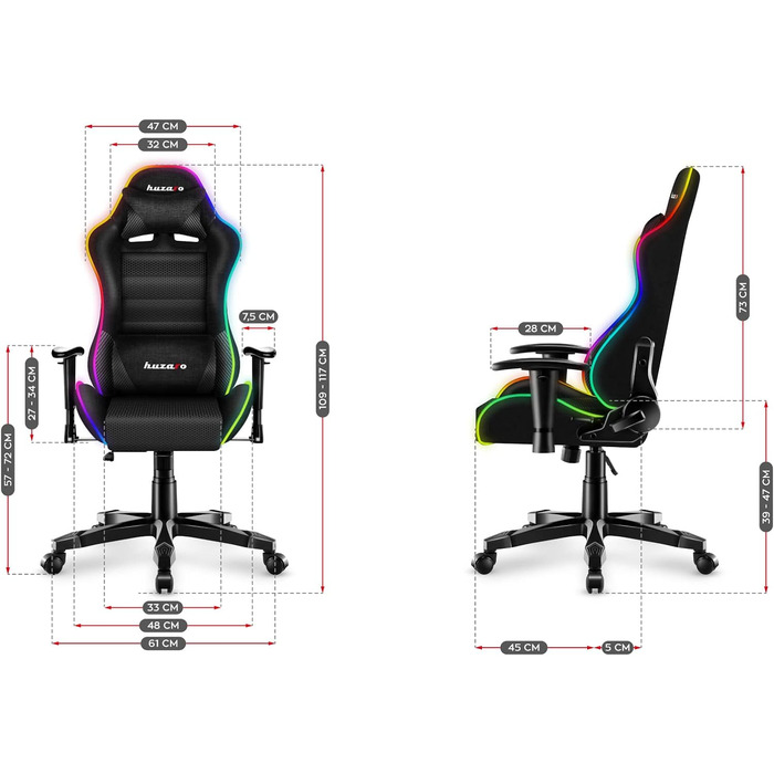 Ігрове крісло Huzaro Ranger 6.0 RGB Mesh з LED-підсвіткою для дітей, тканинне, до 130 кг, ергономічне, регульована висота, підголівник і поперекова підтримка, чорне
