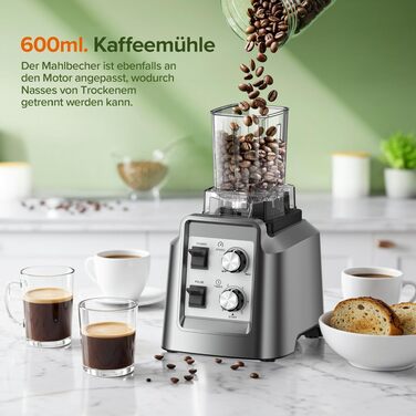Блендер Teendow Standmixer 1800W зі скляною колбою 2л + кавомолка 600мл, срібний. Для смузі, льоду та заморожених фруктів, без BPA