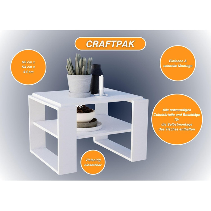 Журнальний стіл CraftPAK Kaja 63 білий, деревний матеріал, сучасний, з полицею для вітальні