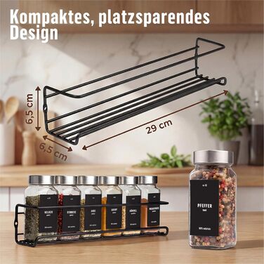 Настінна полиця для спецій Deco haus® (набір 4 шт.) з 24 скляними баночками та етикетками, підвісний органайзер для кухні на клейокій основі, кришки з нержавіючої сталі