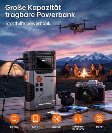 Бустер для автомобіля Starthilfe Powerbank 6000A — Пусковий пристрій для всіх типів авто, чорно-сірий