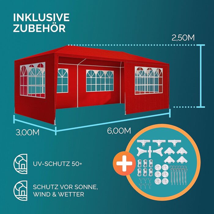 Павільйон CASARIA 3x6 м, водостійкий, 18 м², UV-захист, 6 стінок, для саду, вечірок, червоний