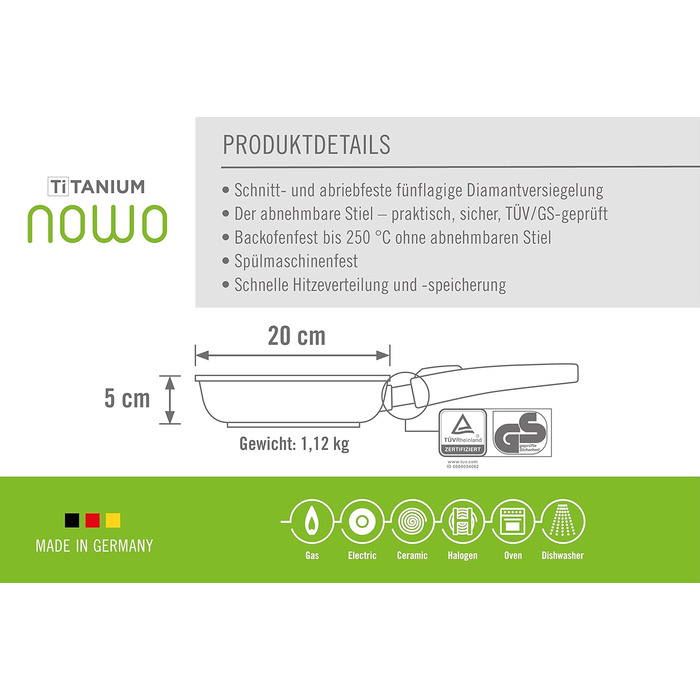 Сковорода Woll Nowo Titanium 20 см, алюмінієва, антипригарна, знімна ручка, для газових, електро, керамічних, галогенових плит