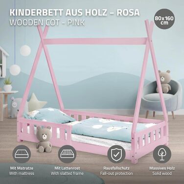 Дитяче ліжко-халапа Tipi ML-Design біле з бортиками та ламелями, з сосни, індіанське ліжко для дівчаток та хлопчиків, ліжко-будиночок з огорожею, підлогове ліжко-халапа для дітей та підлітків, ігрове ліжко-намет (80x160 см з матрацом, рожеве)