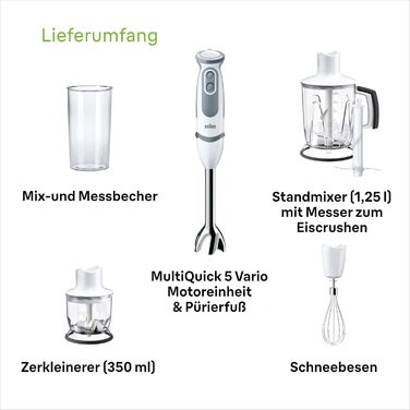 Блендер Braun MultiQuick 5 Vario MQ 5245WH, 1000 Вт, нержавіюча сталь, ручний, 4 насадки, білий/сірий