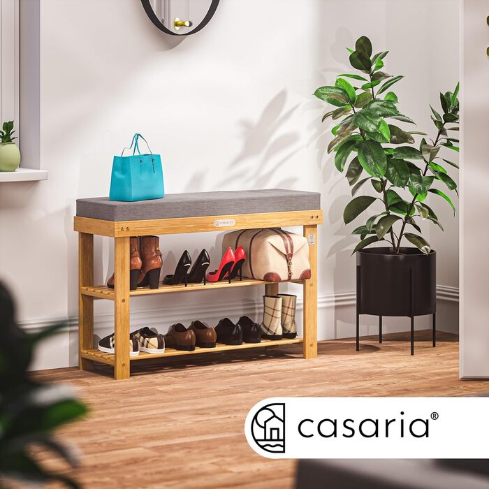 Банкетка-взуттєва полиця Casaria з сертифікованого дерева акації FSC, м'яким подушком 5 см та місцем для зберігання взуття, 70 см