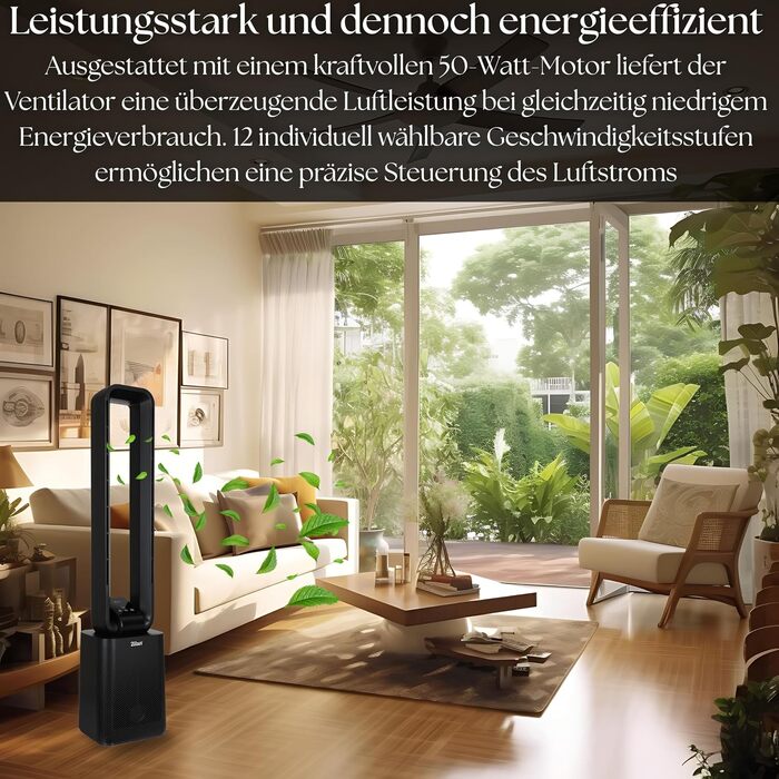 Вентилятор без лопатей Zilan Turmventilator з пультом, 12 швидкостей, BLDC мотор, 45° осциляція, таймер 15 год, LED дисплей, енергозберігаючий (Чорний)