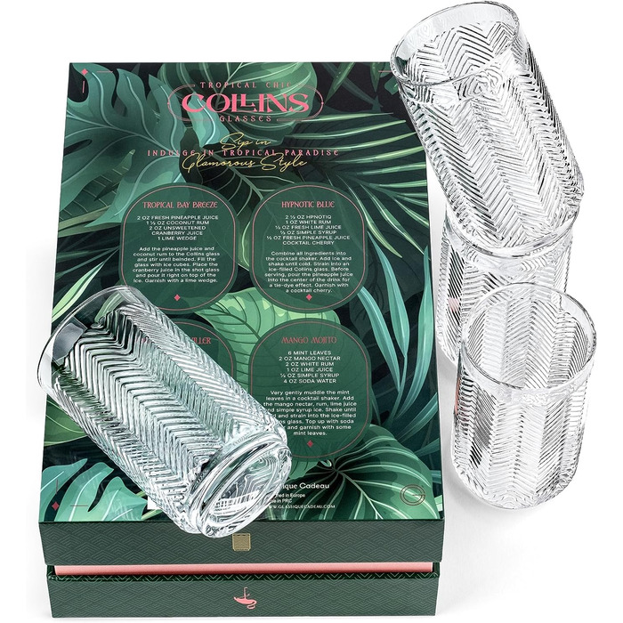 Набір склянок GLASSIQUE CADEAU Vintage Flamingo для коктейлів, 340 мл, 4 шт – кришталеві лонгдрінк та хайбол для Мохіто, Кайпірінья, тропічних і тіки коктейлів