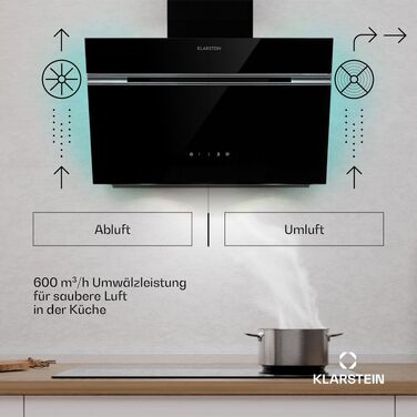 Витяжка кухонна Klarstein 60 см, похила, з RGB-LED підсвіткою, режим відведення та рециркуляції повітря, продуктивність 594 м³/год, клас енергоефективності A, чорна