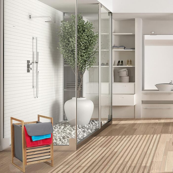 Кошик для білизни Relaxdays з горіха, 60x40x35 см, з кришкою, 50 л, для брудної білизни у ванну, натуральний/сірий