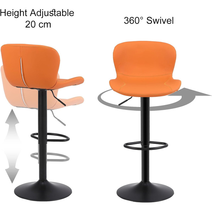 Стілець барний Youhauchair, 2 шт, регульований, PU шкіра, водостійкий, з підлокітниками, обертовий, сучасний, помаранчевий