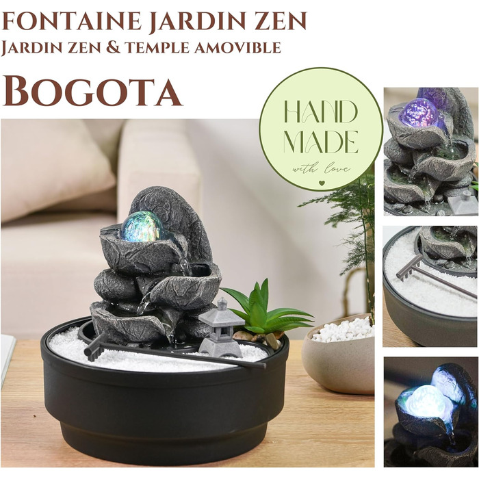 Садовий фонтан Zen з обертовою скляною кулею, LED підсвіткою, білим піском, закритою циркуляцією води, 21 см, Bogota Zen'Light – декор для дому та саду