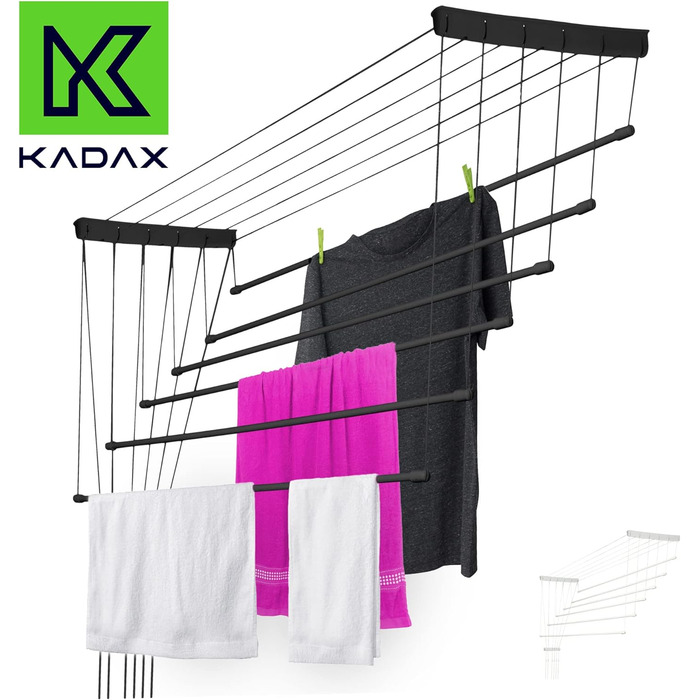 Стельова сушарка для білизни KADAX, 6 прутів, настінна, сталеві перекладини з поліетиленовим покриттям, вантажопідйомність 12 кг, 160 см, чорна