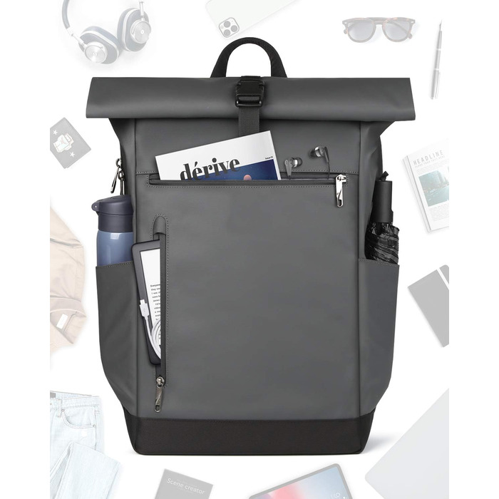 Inateck RollTop рюкзак 25-30 л для чоловіків і жінок, міський велосипедний рюкзак для ноутбука 17'', шкільний, для університету, подорожей, роботи та спорту, сірий