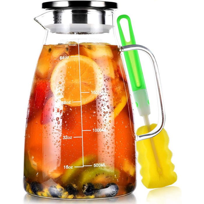 Скляна карафа Aofmee 2 літри з кришкою, для води, соку, айс-ті, 2L