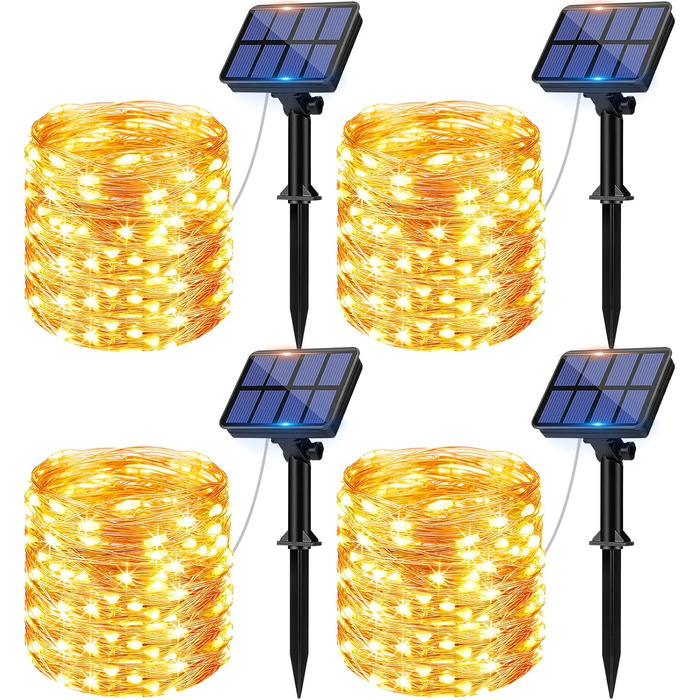 Гірлянда на сонячних батареях LITOGO 12 м, 120 LED, тепле біле світло, водонепроникна, мідний дріт, 8 режимів, для вулиці, балкона, декору, 4 штуки