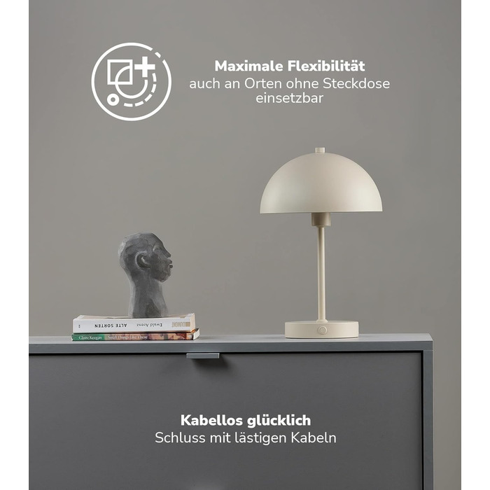 mokebo LED настільна лампа бездротова, акумуляторна, димована та заряджається через USB-C 'Маяк', вінтажна лампа-вазон, грибна лампа, нічник з бежевого металу, тепле біле світло
