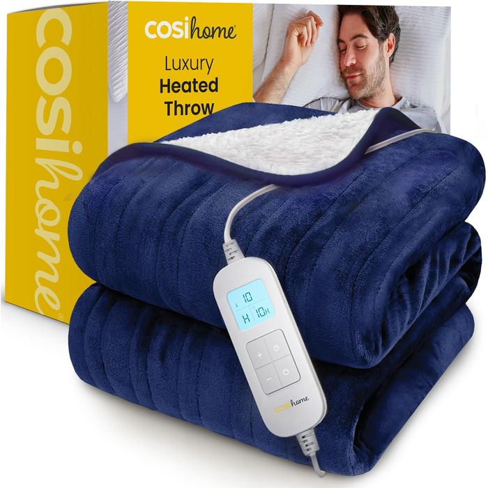 Електрична грілка Cosi Home Sherpa 180x130 см, 10 режимів, автоматичне відключення, захист від перегріву, пульт, фліс, прана, темно-синя