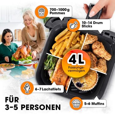 Аерофритюрниця GOURMETmaxx 4 л, 1400 Вт, таймер, нержавіюча сталь, з функціями попереднього нагріву та підтримки тепла, економна, майже без олії, матова чорна