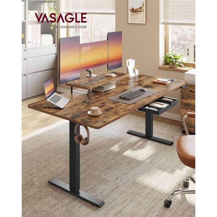 Стол для роботи VASAGLE з регулюванням висоти, 160 x 80 см, з підставкою для монітора, шухлядою та USB-C, нагадування про рух, для офісу, вінтажний коричневий