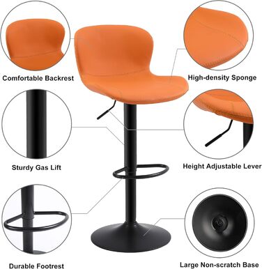 Стілець барний Youhauchair, 2 шт, регульований, PU шкіра, водостійкий, з підлокітниками, обертовий, сучасний, помаранчевий