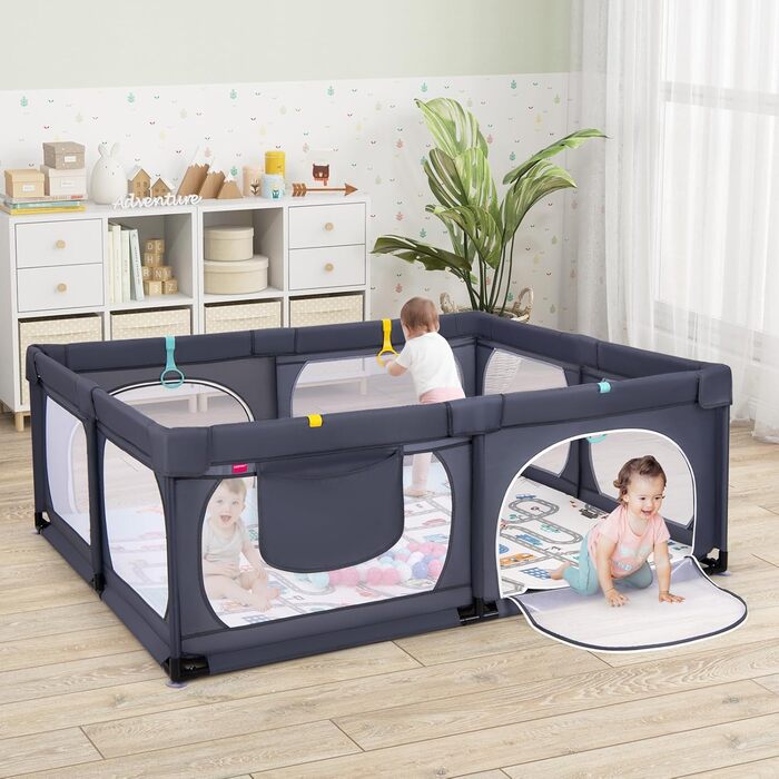 Дитячий манеж COSTWAY Laufstall з матрацом 189 x 158 см, з 50 м'ячиками та 4 ручками, дитяче огородження, намет-манеж з дихаючою сіткою для малюків (темно-сірий)