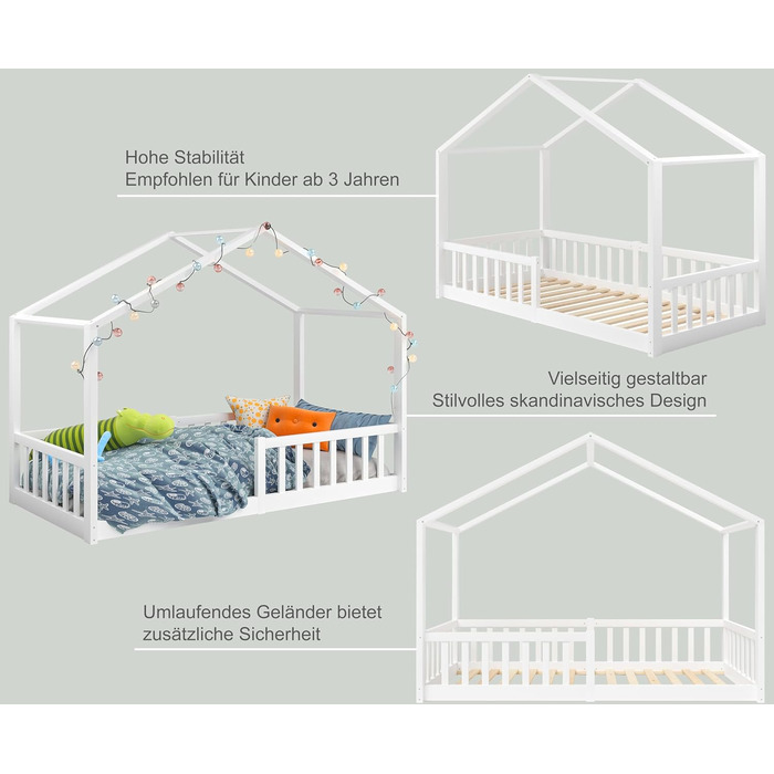 Дитяче ліжко-домік Bellabino Bia 80x160 см, біле, з бортиком і основою, Montessori підлогове ліжко з масиву сосни