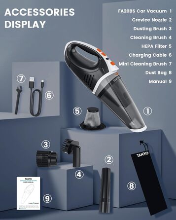 Портативний бездротовий пилосос TANYO 5-в-1, 15000/10000Па, LED, для авто, дому, кухні, тваринної шерсті, вологе/сухе прибирання, біло-оранжевий