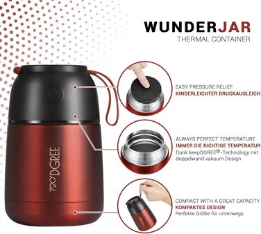 Термос для їжі 720°DGREE wunderJar 530 мл з рецептурником, герметичний, BPA Free, з нержавіючої сталі, ізотермічна ланч-бокс для гарячих і холодних страв, супу, каші, мюслі на ходу