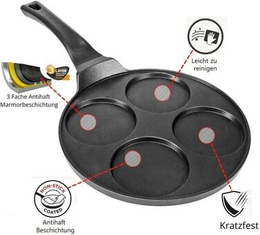 Сковорода для млинців Cheffinger 26 см, алюмінієва, індукційна, 4-отвори, антипригарне покриття, для оладок, яєчні та панкейків