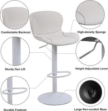 Барний стілець Youhauchair, набір 4 шт, регульований по висоті, PU-шкіра, водостійкий, зручна спинка, обертається, білий, сучасний дизайн