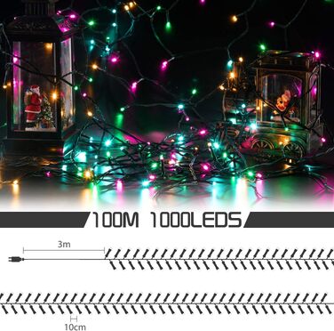 Світлодіодна гірлянда Avoalre 1000 LED для зовнішнього використання, різдвяна ілюмінація (100м, багатоколірна: рожевий, жовтий, синій, зелений)