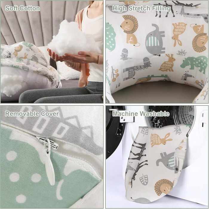 Подушка для годування SHANNA XXL, багатофункціональна, з регульованим поясом, 100% бавовна, знімний чохол, для грудного та пляшкового вигодовування, дизайн 'Лісові тварини'