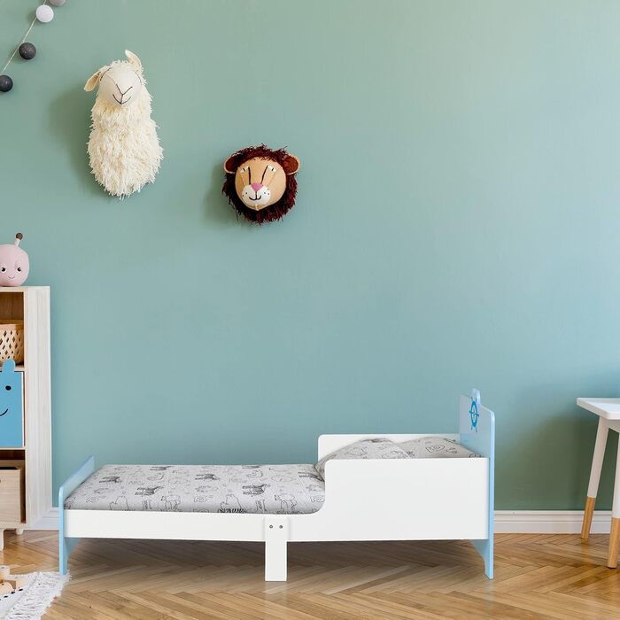 Дитяче ліжко Relaxdays з бортиками, 60x77x143 см, з ламелями, морська тематика, МДФ, синє/біле