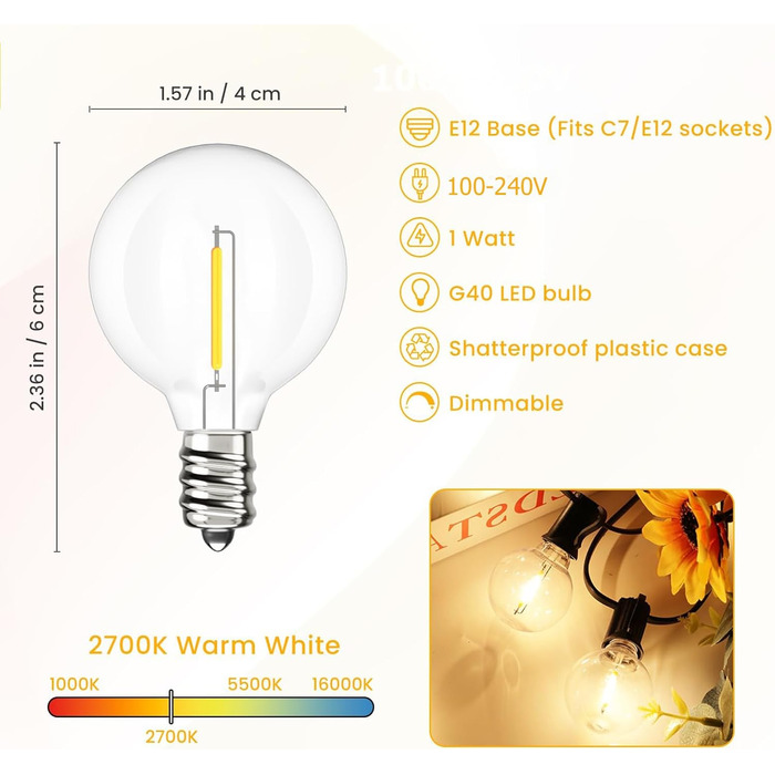 Світлодіодна гірлянда для зовнішнього використання, 60 м, G40 LED, вологостійка IP45, димерна, тепле біле світло (2700K), 104 пластикові лампочки, для декору саду, тераси, вечірки
