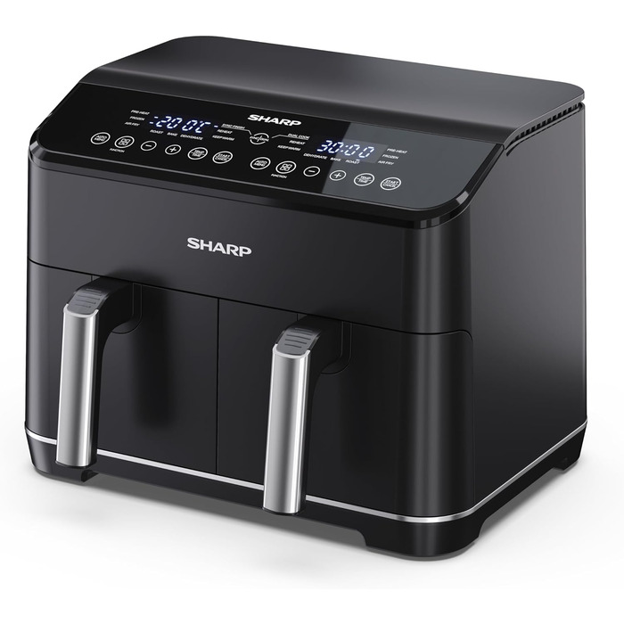 Аерофритюрниця SHARP AF-GD82AE-B з двома відсіками по 4 л, сенсорне керування, 12 програм, 1800 Вт, чорна, приготування без олії