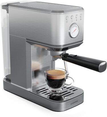 Еспресо-машина Klarstein SteelPresso Slim, 20 Бар, 1350 Вт, нержавіюча сталь, 1,2 л, з паровою насадкою, компактна, проста у використанні