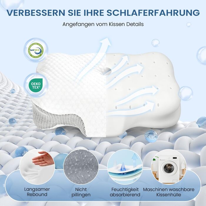 Подушка для шиї з Memory Foam, анатомічна для сну на боку та спині, біла. Ортопедична подушка для підтримки шийного відділу хребта.