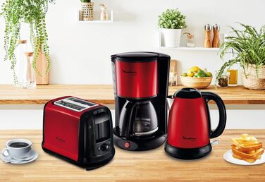 Тостер Moulinex LT261D Subito, 850 Вт, 2 слоти, червоно-чорний, з підставкою для булочок, регульовані ступені підсмажування, розморожування та підігрів