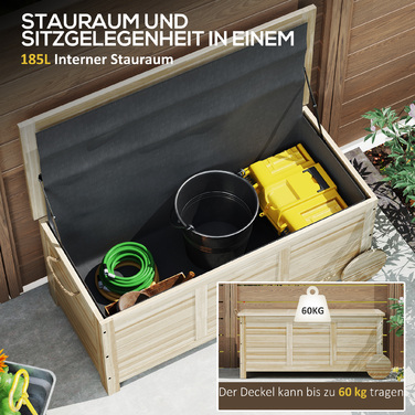 Outsunny Cushion Box 185 л Водонепроникний садовий ящик з колесами Дерев'яна погодостійка УФ-стійка подушка Коробка для зберігання Садова скриня для відкритого саду Балкон з натурального дерева