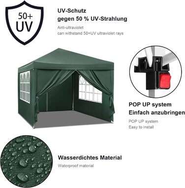 Павільйон WOLTU Pop-Up 3x3 м, водонепроникний, складний, із боковинами, для саду, тераси, кемпінгу, фестивалів, оксфордська тканина, металевий каркас, зелений