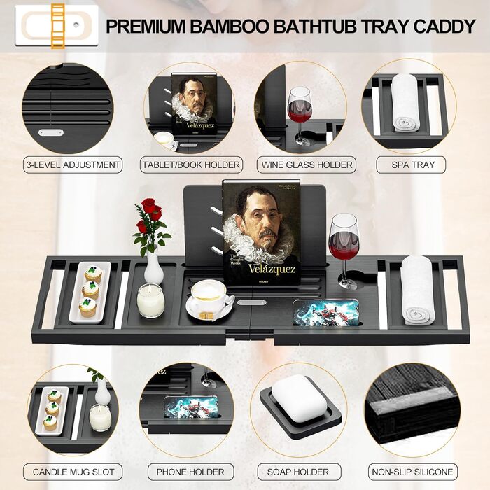 Полиця для ванни розкладна Luxury Black з тримачем для скла та планшета