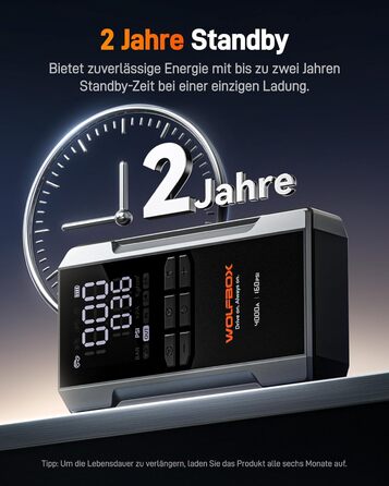 WOLFBOX 4000A: Пускозарядний пристрій з компресором 160PSI, 12V, 65W, 88.8Wh, для бензинових/дизельних двигунів 10L, LED-ліхтар, кабелі для пуску