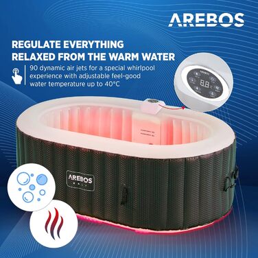 Надувний джакузі Arebos Whirlpool з LED-підсвіткою та підігрівом, 190x120 см, 90 масажних форсунок, 550 л, для 2 осіб, з кришкою